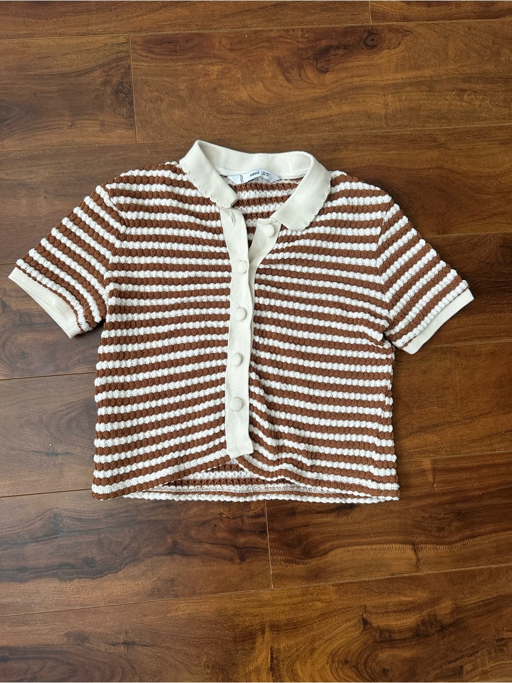 MANGO Striped Knit Polo Top in Brown and Cream - Women's